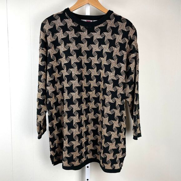 Vintage 80s Sheridan Square Sweater Black Metallic‎ Gold Houndstooth Oversized L - Picture 1 of 7